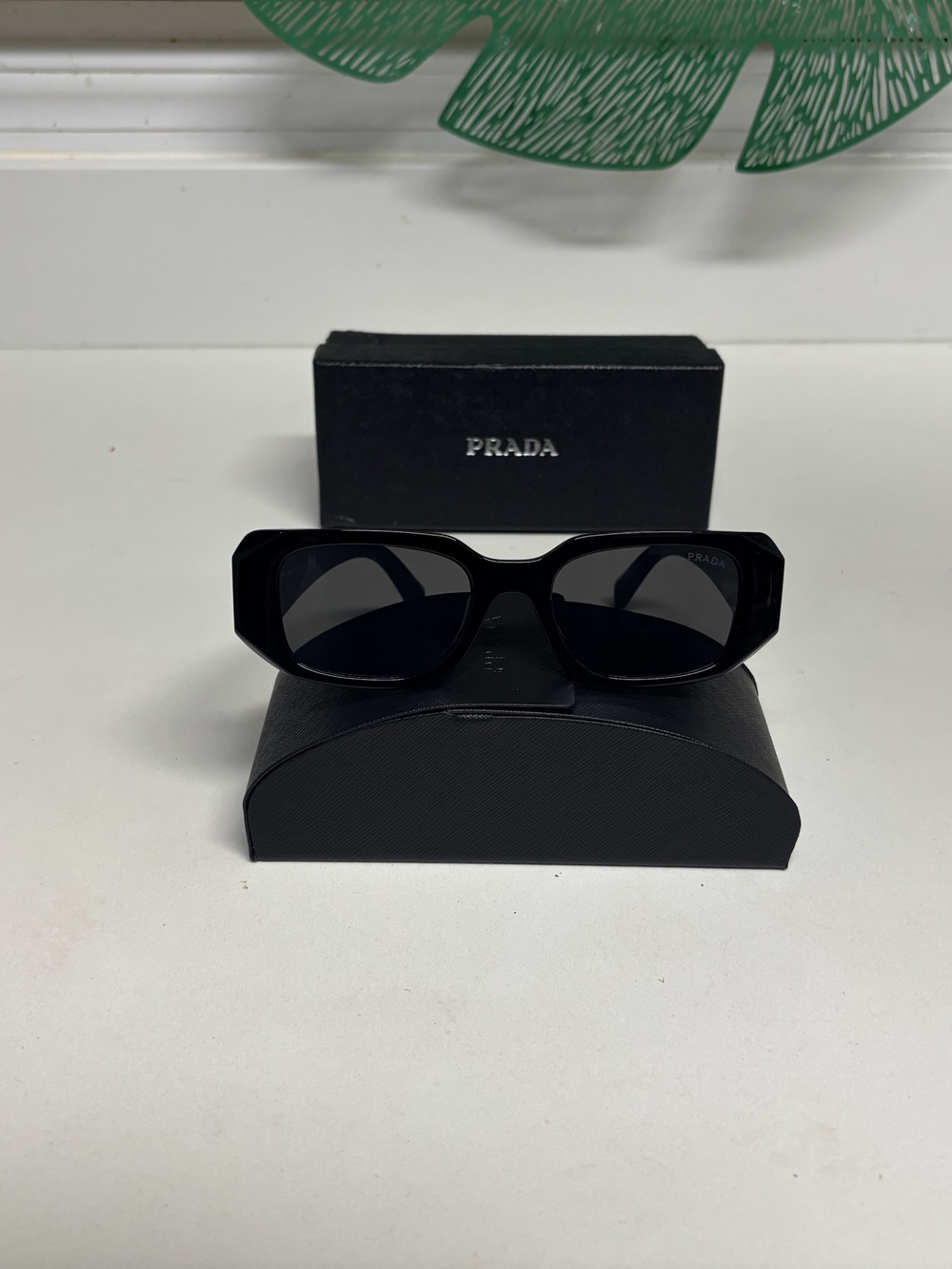 Prada Men’s Black Rectangle Sunglasses W/ Case And Wiper